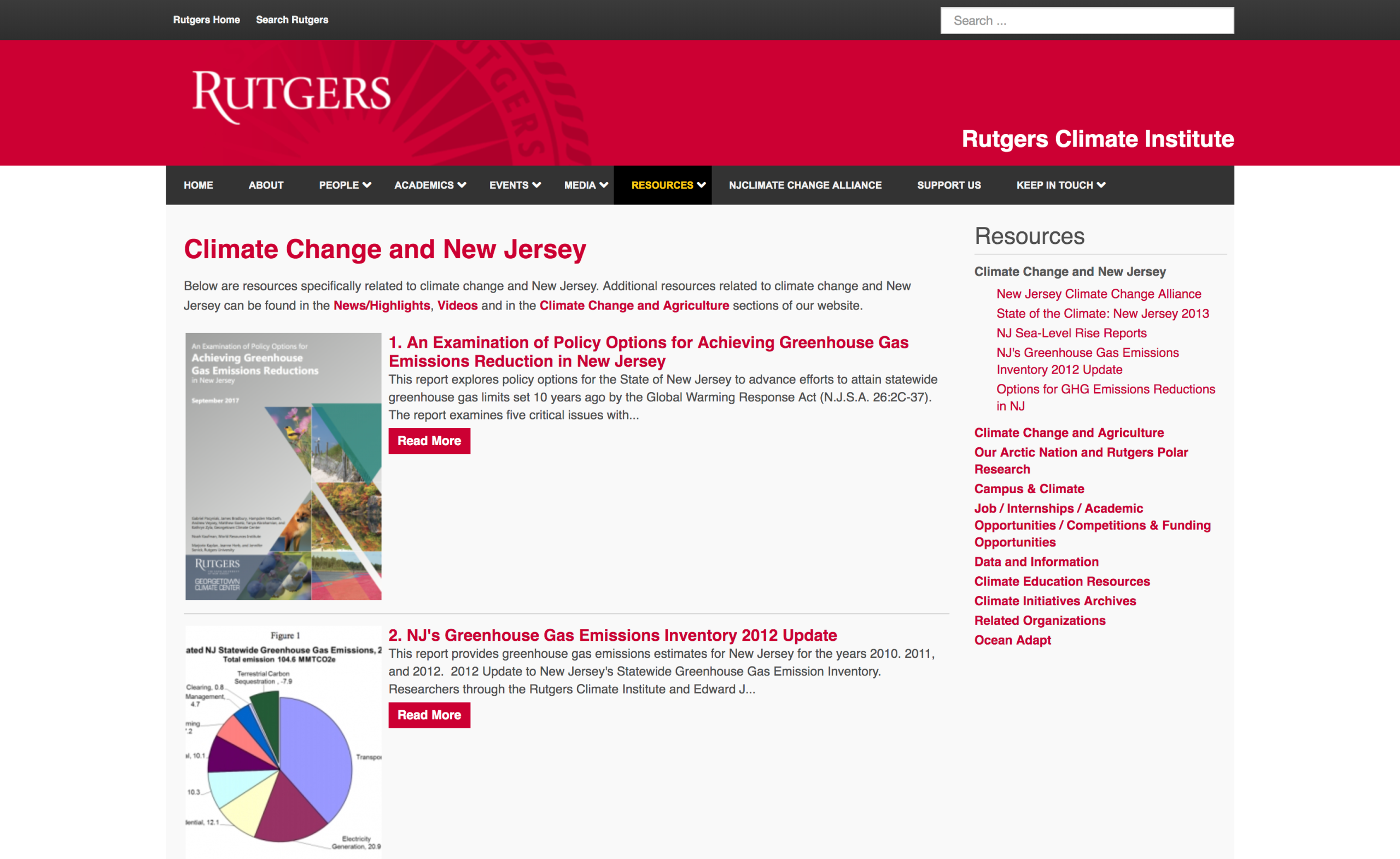 Rutgers Climate Institute resources webpage screenshot