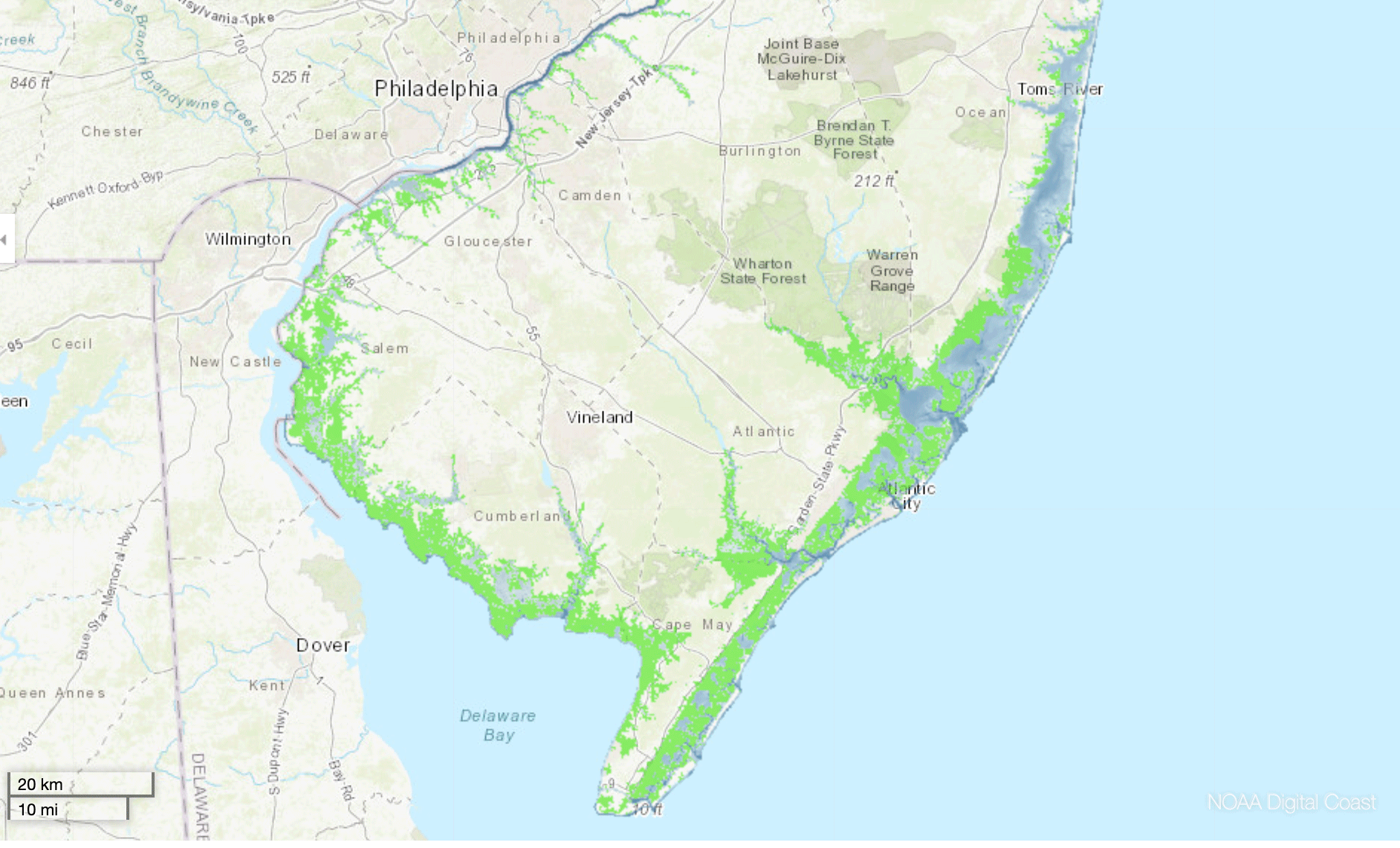 Animation of projected water rising levels in southern New Jersey.