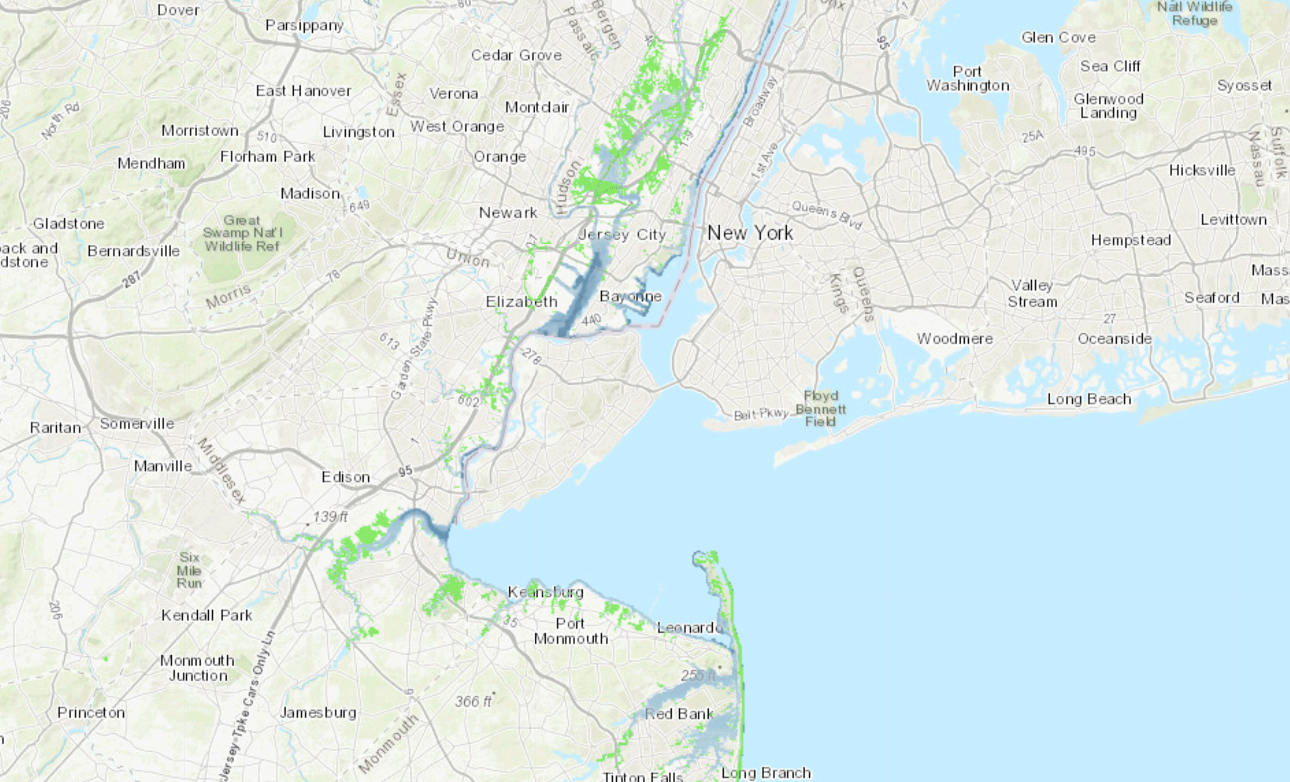 Animation of projected water rising levels in northern New Jersey