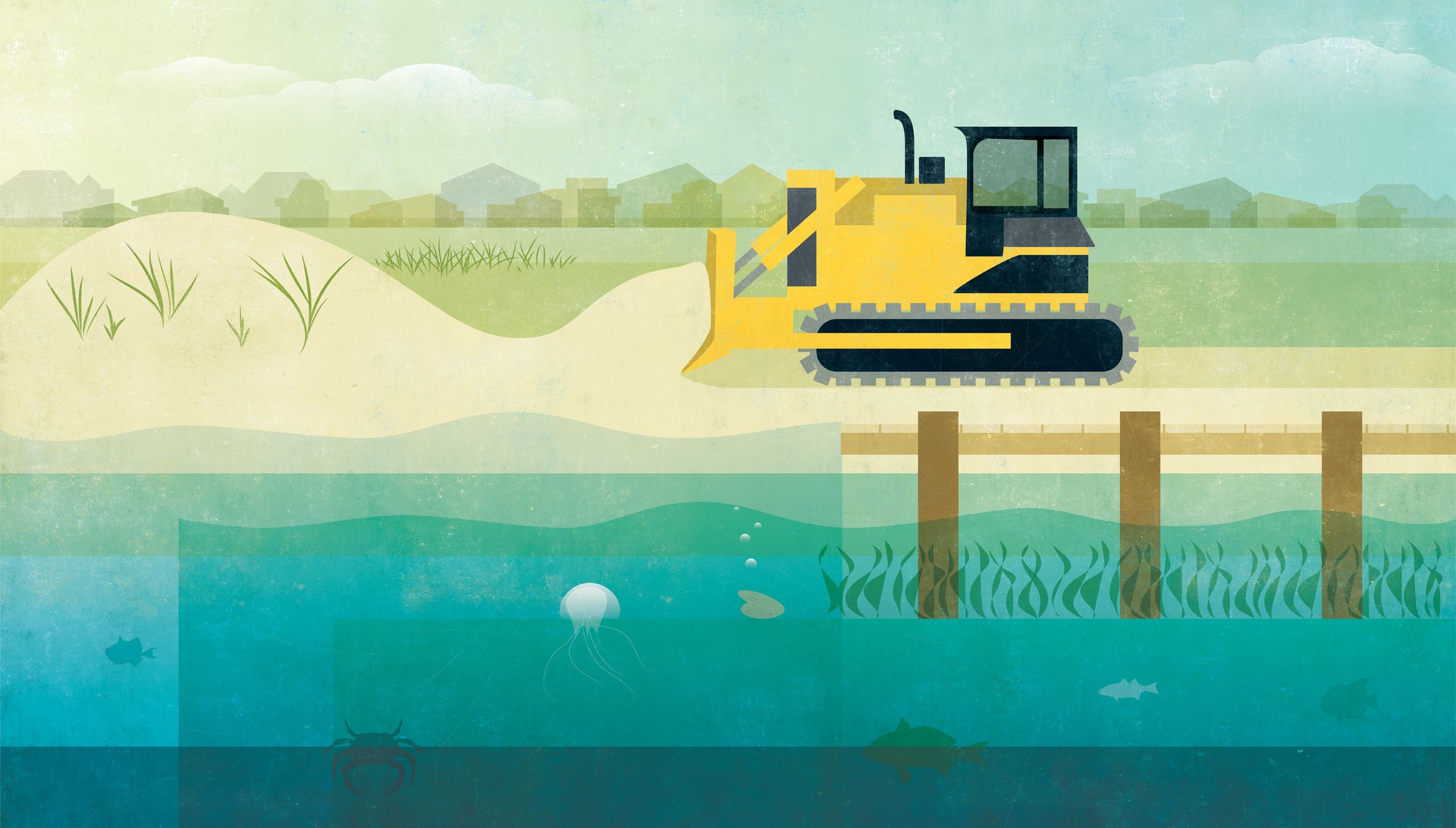 Illustration of bulldozer pushing sand on beach
