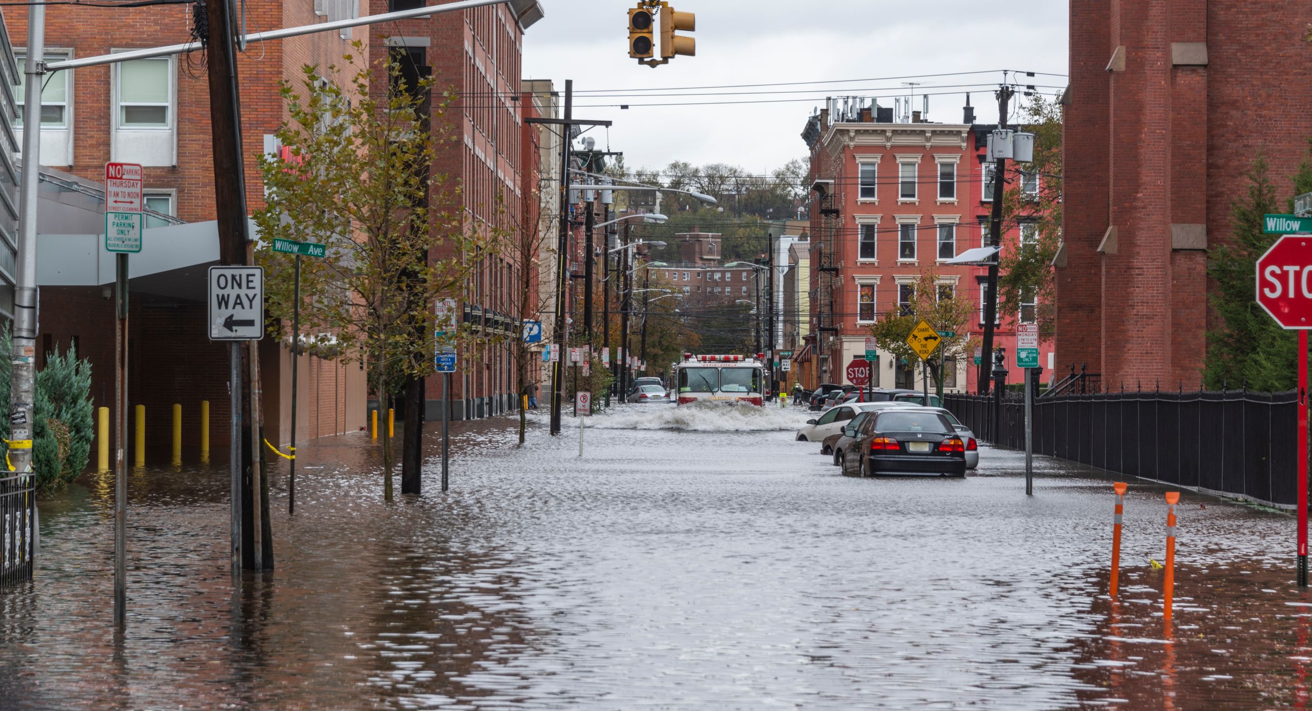 Flooded streets and cars in Hoboken, New Jersey